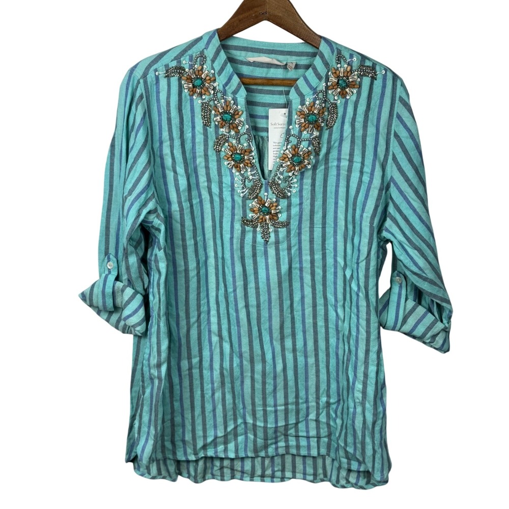 Soft Surroundings Striped Beaded Cotton Tunic Teal Blue PL Boho Tribal